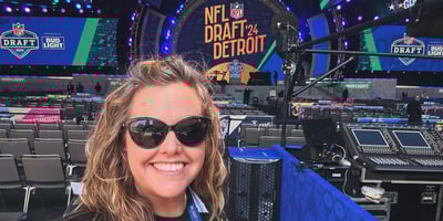 Kristin from M-1 Studios in the secure stage area during the Detroit NFL Draft